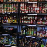 store room shelves with canned goods